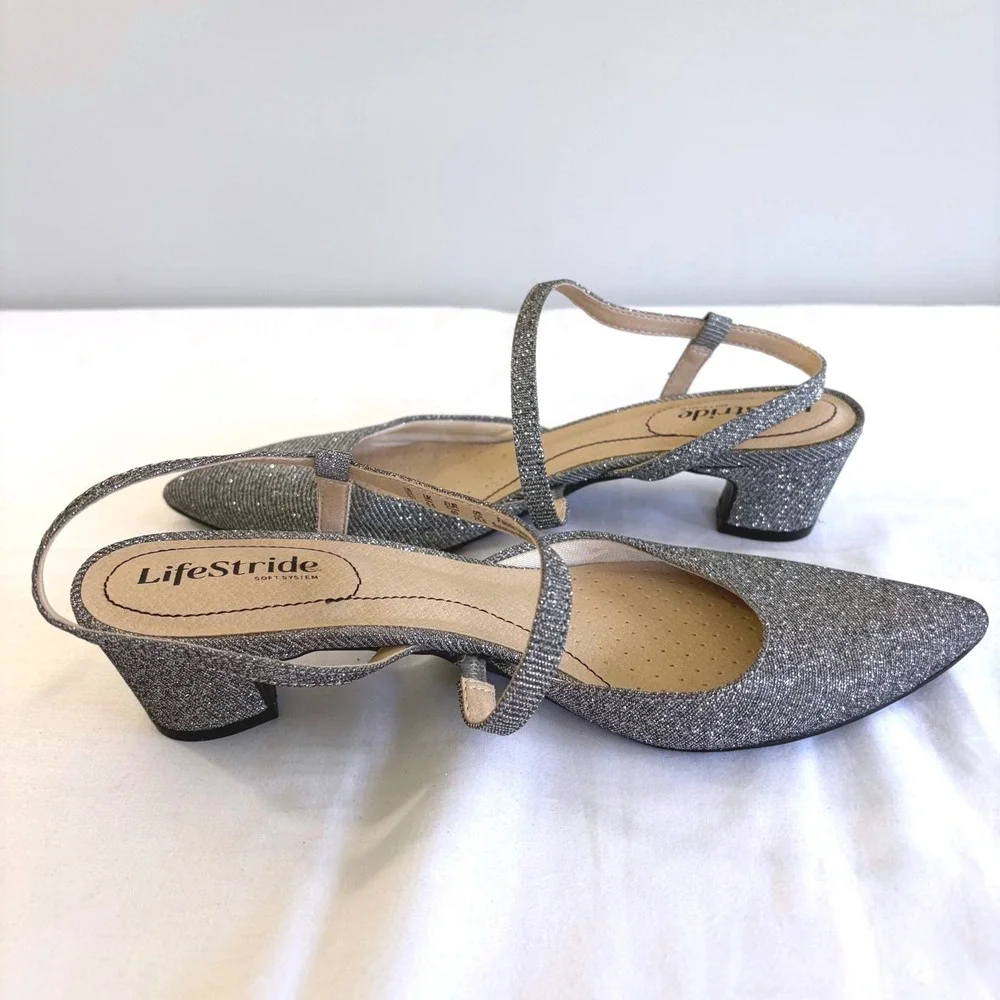 LifeStride Silver Glitter Slingback Block Heel Pointed Toe Shoes 9W Minimalist